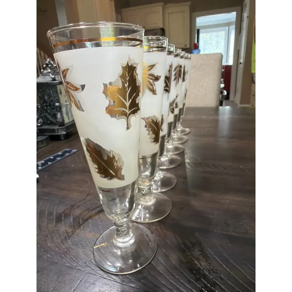 MCM Vintage 1960s Libbey Frosted Tom Collins Glass Gold Foliage Pattern 7